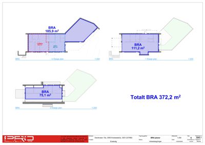 Etasjeplaner for en enebolig som viser romfordeling og BRA (Bruksareal) for hver etasje (1., 2. og U-etasje) samt totalt BRA.
