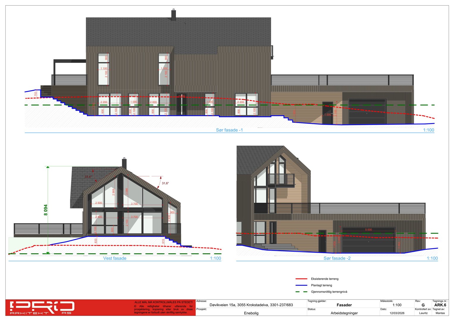 Fasadetegning som viser tre ulike vinkler på en planlagt enebolig (Sør, Vest og Sør fasade -2) med mål og terrengforhold.