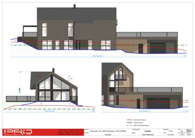 Fasadetegning som viser tre ulike vinkler på en planlagt enebolig (Sør, Vest og Sør fasade -2) med mål og terrengforhold.