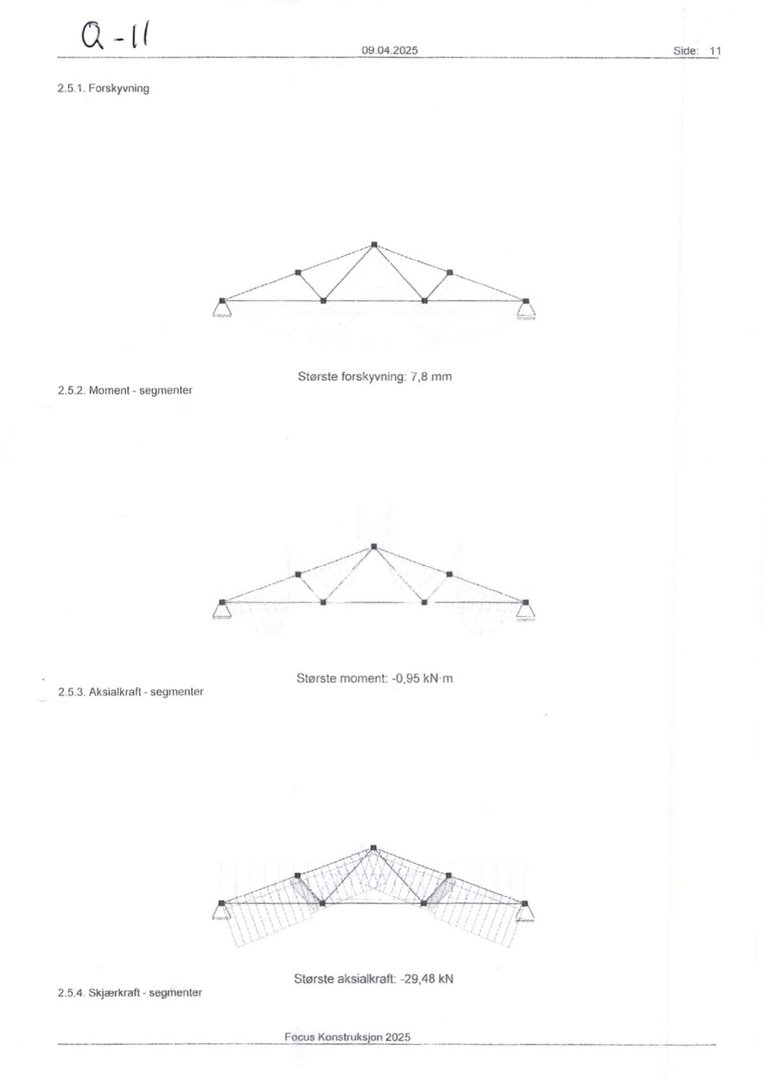 Konstruksjonstegning som viser beregningsresultater for en stålkonstruksjon (truss), inkludert forskyvning, moment og aksialkraft i segmentene.