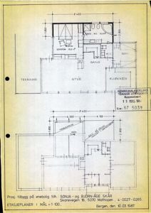 Etasjeplaner for en enebolig med romfordeling, mål og tekniske detaljer.