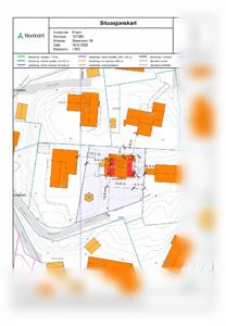 Situasjonskart som viser eiendomsforhold, naboeiendommer og bygningers plassering i terrenget.