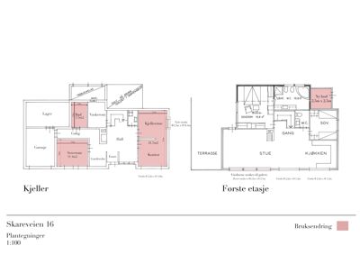 Plantegning som viser romfordeling for kjeller og første etasje i en bygning.