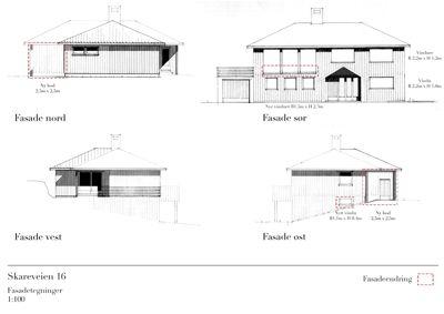 Fasadetegning som viser bygningens utsyn fra nord, øst, sør og vest med angitte mål og endringer.
