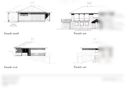 Fasadetegning som viser bygningens utsyn fra nord, øst, sør og vest med angitte mål og endringer.