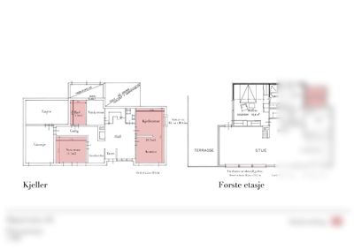 Plantegning som viser romfordeling for kjeller og første etasje i en bygning.