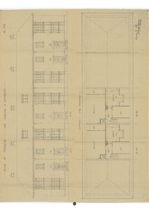 Bildet viser en tegning med en fasade (opprikk) til venstre og en plan (etasjeplan) til høyre.