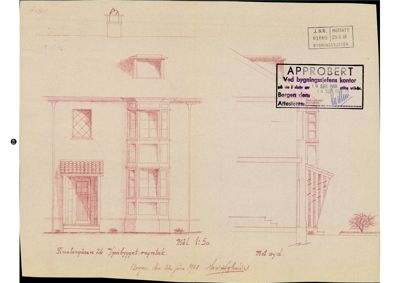 Fasadetegning av en bygning sett fra fronten, med detaljer om vinduer, dører og takform.