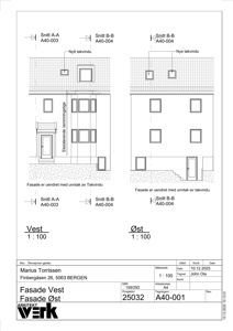 Tegning som viser fasadeoppsett for Vest- og Østfasade, inkludert vinduer, dører og takvinduer.