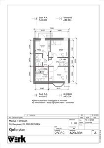 Kjellerplan med romfordeling, mål og snittreferanser for en boenhet.