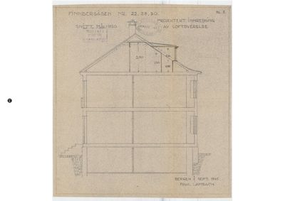 Snittegning av Finndergåsen nr. 22, datert 22.28.30, som viser innredning og loftstverelse.