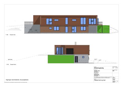 Fasadetegning som viser bygningens utseende sett fra nord og vest.