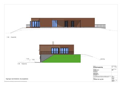 Fasadetegning som viser bygningens utseende sett fra øst og sør.