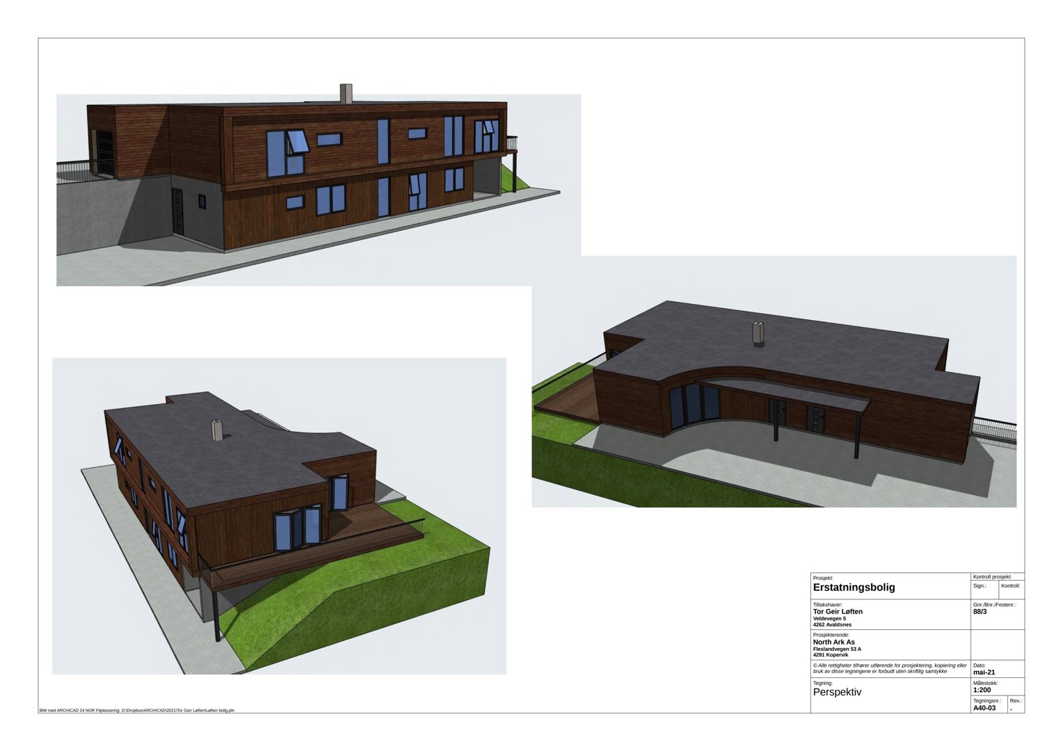 3D-visualisering (perspektiv) av en planlagt bolig med tre ulike vinkler.