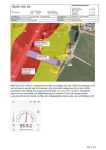 Fotografi av et snittmåling av støy (55.5 dB) på en byggeplass, inkludert en situasjonsplan over området.