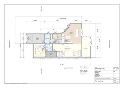 Etasjeplan (Plan hoveddel) for en erstatningsbolig, som viser romfordeling, mål og fasader.