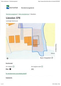 Kart fra Kartverket som viser eiendommen Liaveien 376, eiendomsnummer 96282467, med bygningsfot, tomtegrenser og nabolag.