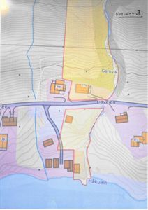 Kart over et område med topografi, vannveier, bygninger og arealbruk (f.eks. Gamvik og Håkulen).