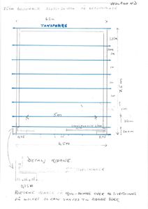 En håndtegnet detaljtegning som viser dimensjoner og konstruksjon for en transportør (slippport) med hjul-skinne og stål-skinne, inkludert detalj av hjørne.
