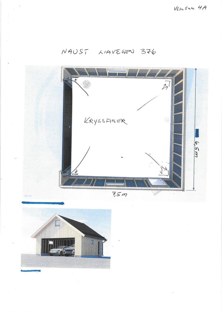 Bildet viser en tegning av et kryssfinerhus sett fra siden (fasade), med mål og en illustrasjon av bygningen med bil.