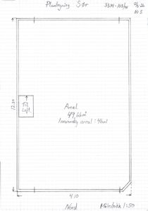 Håndskrevet etasjeplan (plantegning) som viser romfordeling, mål (4,10 x 12,20), areal (49,66 m²) og retning (Nord).
