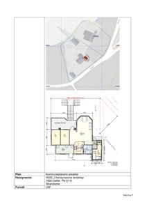 Bildet viser en situasjonsplan (tomtekart) med en etasjeplan for en bygning. Øverst er det en oversikt over tomten med bygningsplassering, og nederst er det en detaljert tegning av etasjen med romfordeling, mål og arealoppdeling.