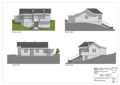 Tegning som viser de fire fasadene (nordvest, nordøst, sørøst, sørvest) på en eksisterende hytte.