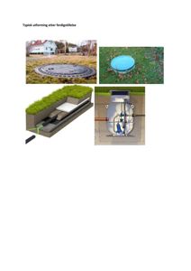 Bildet viser en samling av fire bilder som illustrerer en typisk utforming av en septiktank etter ferdigstillelse. Det inkluderer to foton av manuelldeksler (en metallisk og en plastisk), en snittegning som viser tankens plassering i bakken, og en teknisk tegning som viser tankens indre oppbygning og rørforbindelser.