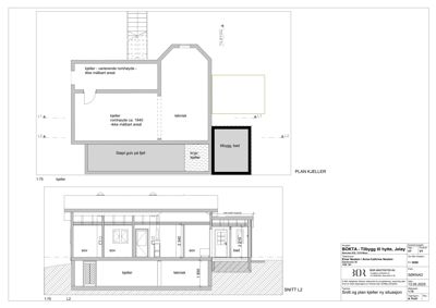 Bildet viser en tegning med to deler: øverst en plan for kjelleretasje (PLAN KJELLER) og nederst et snitt (SNITT L2) som viser romfordeling og høyder. Tegningen inneholder rombetegnelser, mål og en tegningsliste.