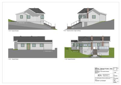 Fasadetegninger som viser bygningens utsyn fra fire ulike vinkler (Nordøst, Sørvest, Sørvest og Nordvest) med detaljer om trapper og terreng.