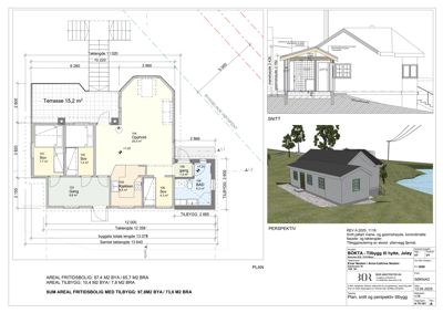 Bildet viser en detaljert etasjeplan (PLAN) for en fritidsbolig med tilbygg, inkludert romfordeling, mål og arealoppsummering. Det inneholder også et snitt (SNITT) og et perspektiv (PERSPEKTIV) av bygningen.