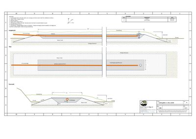 Snittegning som viser tverrsnitt gjennom en bygning med oppgitt høyder, grunnvannsnivå og konstruksjonsdetaljer.
