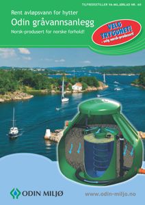 Markedsføringsbilde for et gråvannsanlegg (Odin) med illustrasjon av produktet og bakgrunn av hytteområde.
