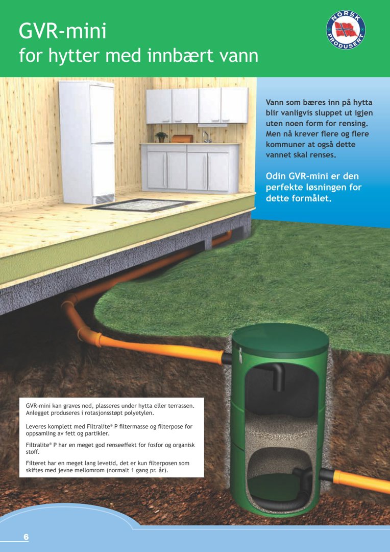3D-visualisering av et vannrenseanlegg (GVR-mini) under en hytte med innbært vann.