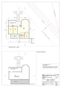 Bildet viser eksisterende planer for en hytte, inkludert 1. etasje og kjellerplan, med romfordeling, mål og arealopplysninger.