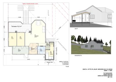 Bildet viser en etasjeplan (PLAN) for en hytte, inkludert romfordeling, mål og arealoppdeling. Det inneholder også en snittegning og en perspektivtegning.