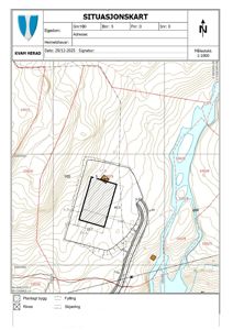 Situasjonskart som viser tomtens form, høydemålestokk, planlagt bygning og omgivelsene.