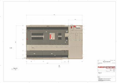 Etasjeplan (Plan 01) som viser romfordeling, dimensjoner og plassering av utstyr i et bygg.