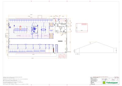 En tegning som viser romfordeling, dimensjoner og plassering av innredningselementer i et bygg.