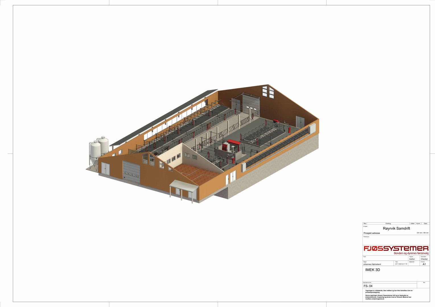 3D-visualisering av en fjøsbygning med delvis snitt for å vise innvendig utstyr og romfordeling.