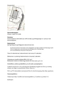 Bildet viser en situasjonsplan (topografisk kart) med et bygningsspor, samt en tekstuell gjennomføringsplan med nabomerknad og vurdering.