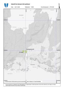Et utskrift fra Norkart AS kartklient som viser et topografisk kart over et område med høydeforhold, vann og infrastruktur.