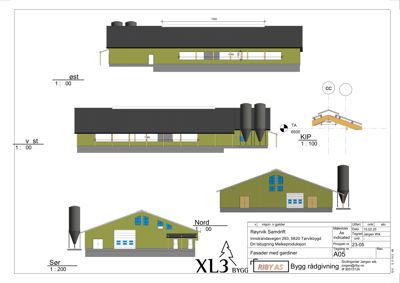 Fasadetegning som viser bygningens utsyn mot øst, vest og nord med mål og detaljer.