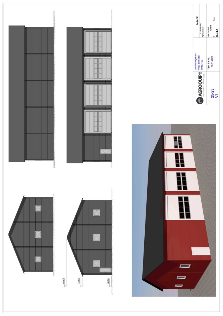 Bildet viser en fasadetekning med både tegninger (opprikk) og en 3D-visualisering av bygningens utside.