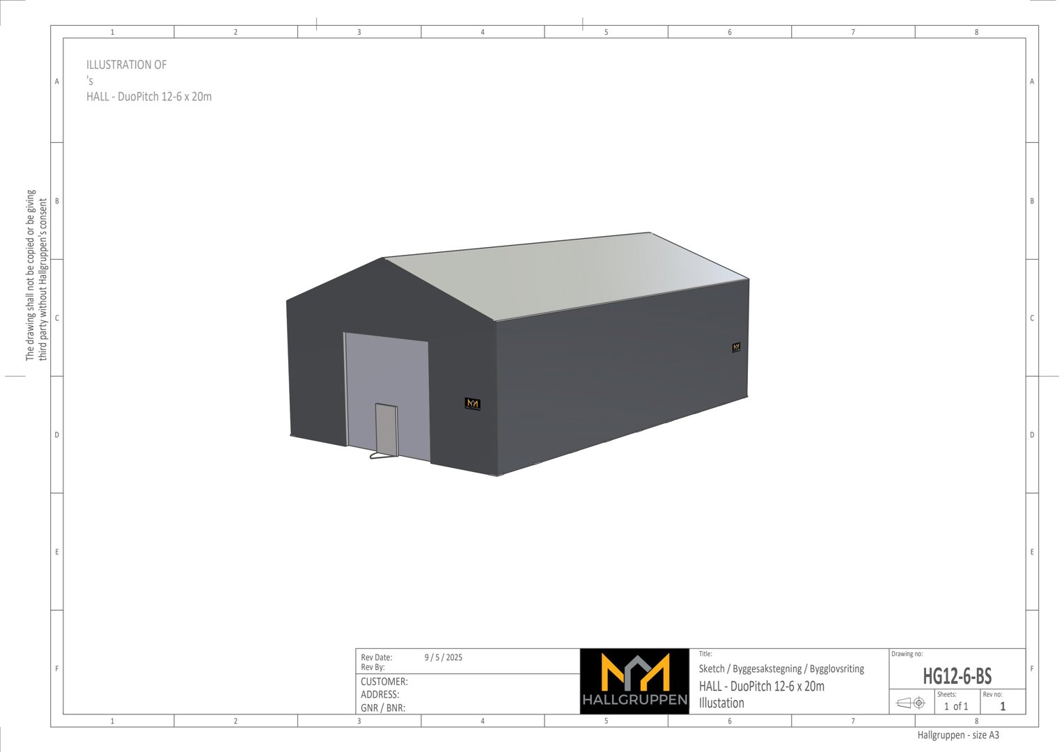 3D-visualisering (rendering) av en hallbygning (DuoPitch 12-6 x 20m) sett fra en vinkel.