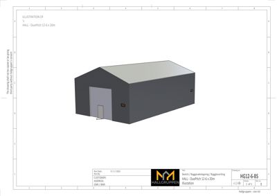 3D-visualisering (rendering) av en hallbygning (DuoPitch 12-6 x 20m) sett fra en vinkel.