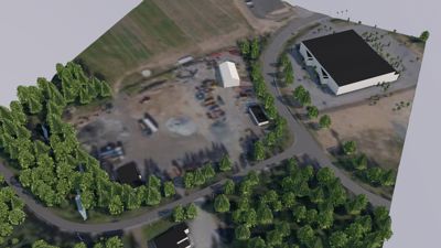 Situasjonsplan (3D-visualisering) som viser tomtens beliggenhet, omgivende bebyggelse, vegnett, vegetasjon og plassering av bygninger.