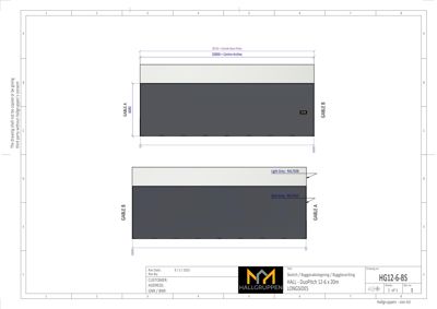 Fasadetegning som viser oppriss av en bygning sett fra siden, med angivelse av mål og fargevalg for taket.