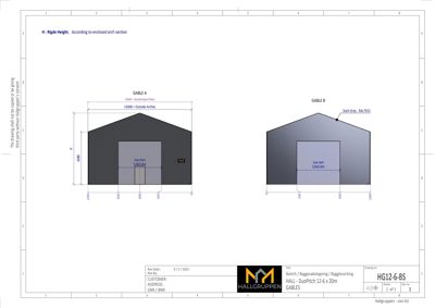 Fasadetegning som viser to varianter (Gable A og Gable B) av en gable-oppsett med mål og fargevalg.