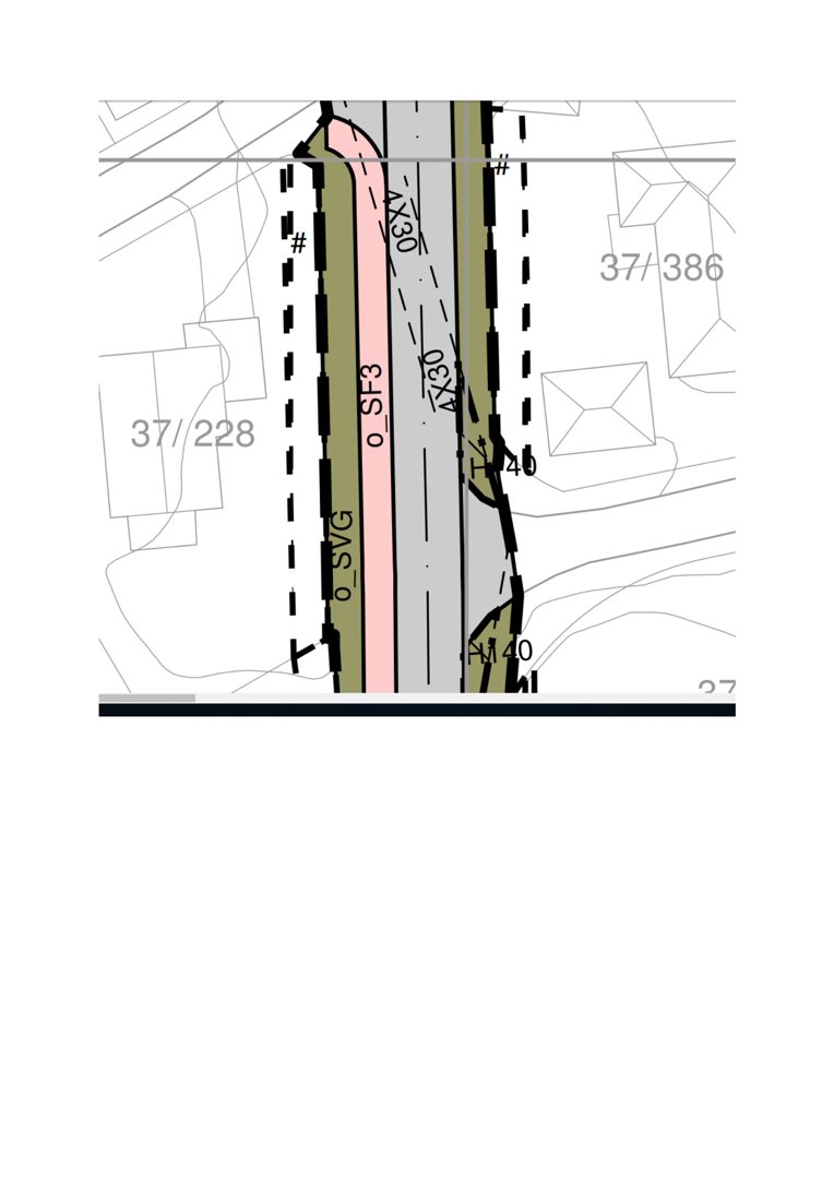 Situasjonsplan som viser tomtens grenser, nabotomter (37/228, 37/386), veier (AX30) og bygningers plassering.